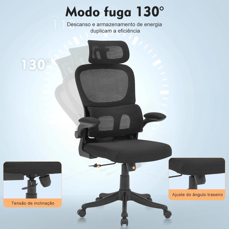 Cadeira de escritório, design ergonômico com suporte lombar independente, malha respirável e encosto de cabeça ajustável (Preto)