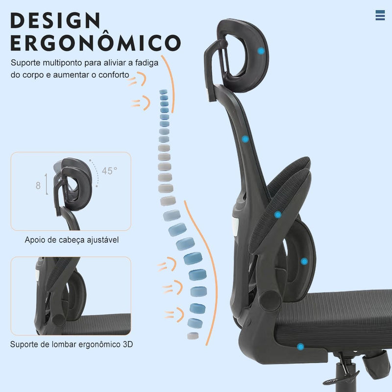 Cadeira de escritório, design ergonômico com suporte lombar independente, malha respirável e encosto de cabeça ajustável (Preto)