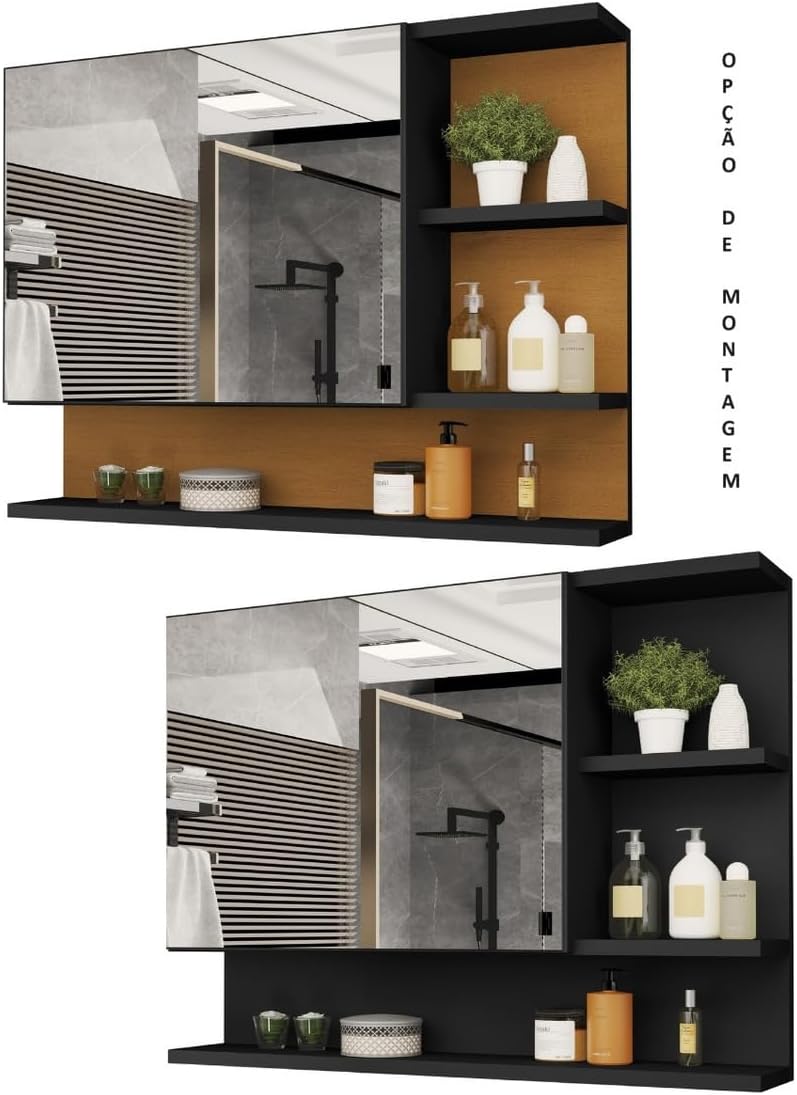 Armario Espelheira Para Banheiro 1 Porta Cleópatra (Preto/Flexcollor)